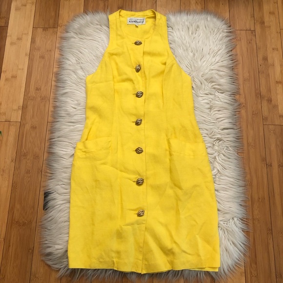 Kamisato Dresses & Skirts - Geary Roark Kamisato Linen Blend Racerback Yellow Sleeveless Button Down Dress 8